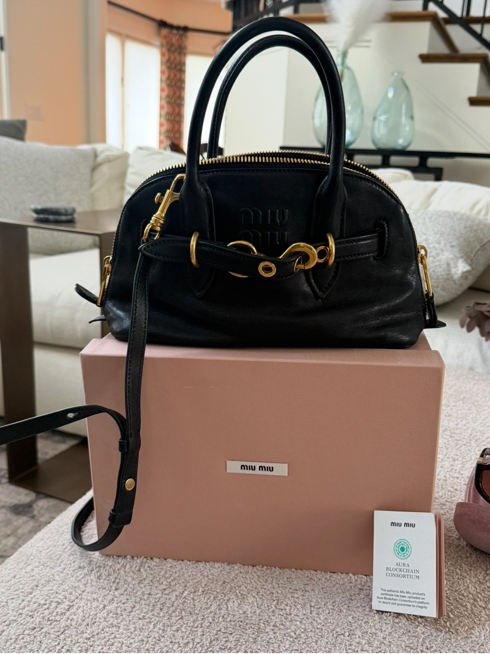 Miu Miu Black Leather Dome Satchel with Gold Hardware